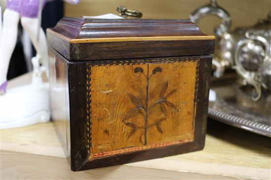 A George III mahogany, satinwood and marquetry square tea caddy, the interior with a covered section, height 12.5cm